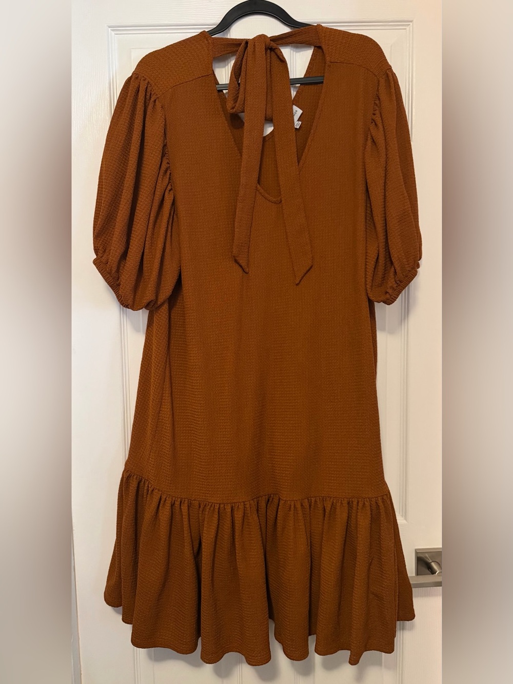 Gibson Latimer Burnt Orange Tie-Neck Puff Sleeve Midi Dress